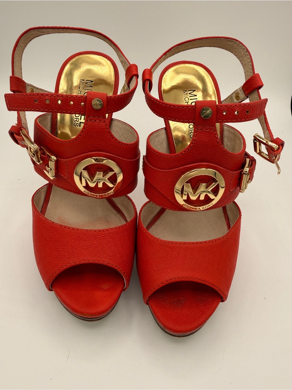 Michael Kors Red/orange Peep-Toe Platform Heels with Gold MK Medallions